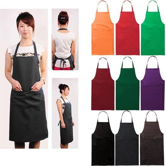 Solid Color Back Self-Tie Kitchen Restaurant Cooking Bib Apron with Pocket