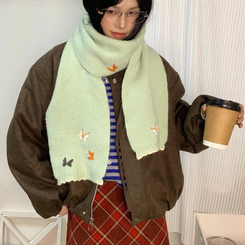 Japanese Style 3D Butterfly Embroidered Scarf - Autumn Winter Women's Knit Warm Neckwear