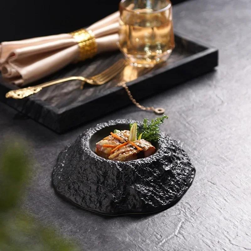 Volcano-shaped Black Deep Plate Creative Irregular Ceramic Tableware In Restaurant French Special-shaped Soup Plate Swing Plate