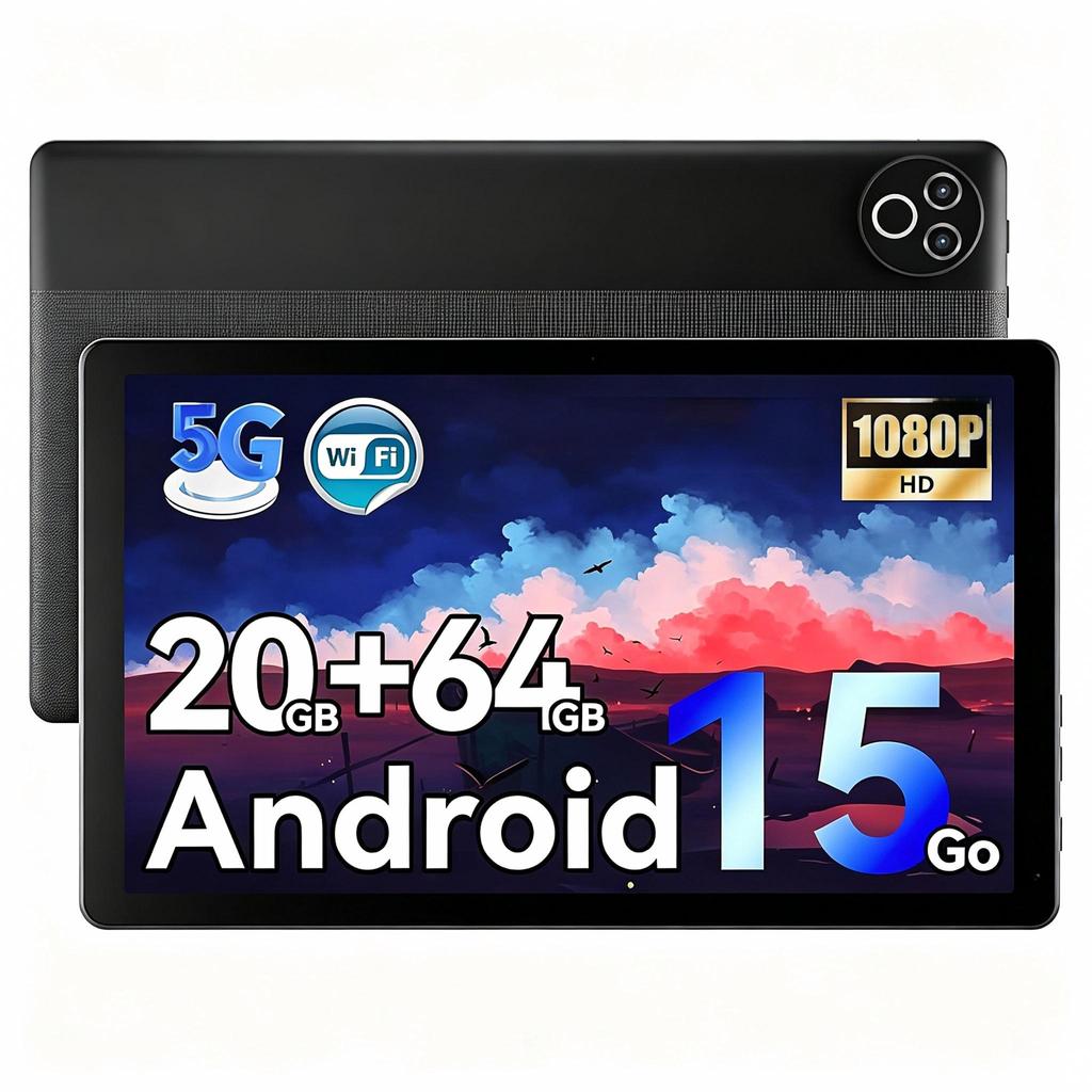 Android 15 Tablet, 10.1 Inch IPS, 20GB+64GB, WiFi 6, Bluetooth 5.4, Dual Camera