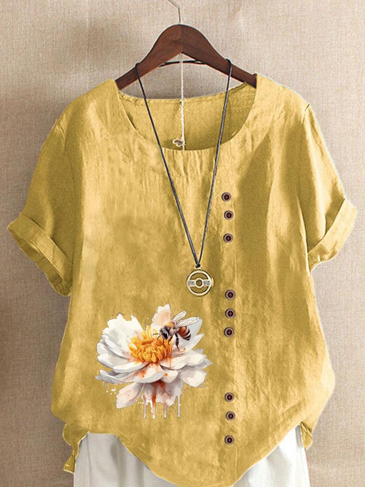 Damenmode Blume Biene Print Rundhals Kurzarm T-Shirt Lässig Baumwolle Leinen Grafikshirt Freizeit Locker Sommer Bluse Oberteile