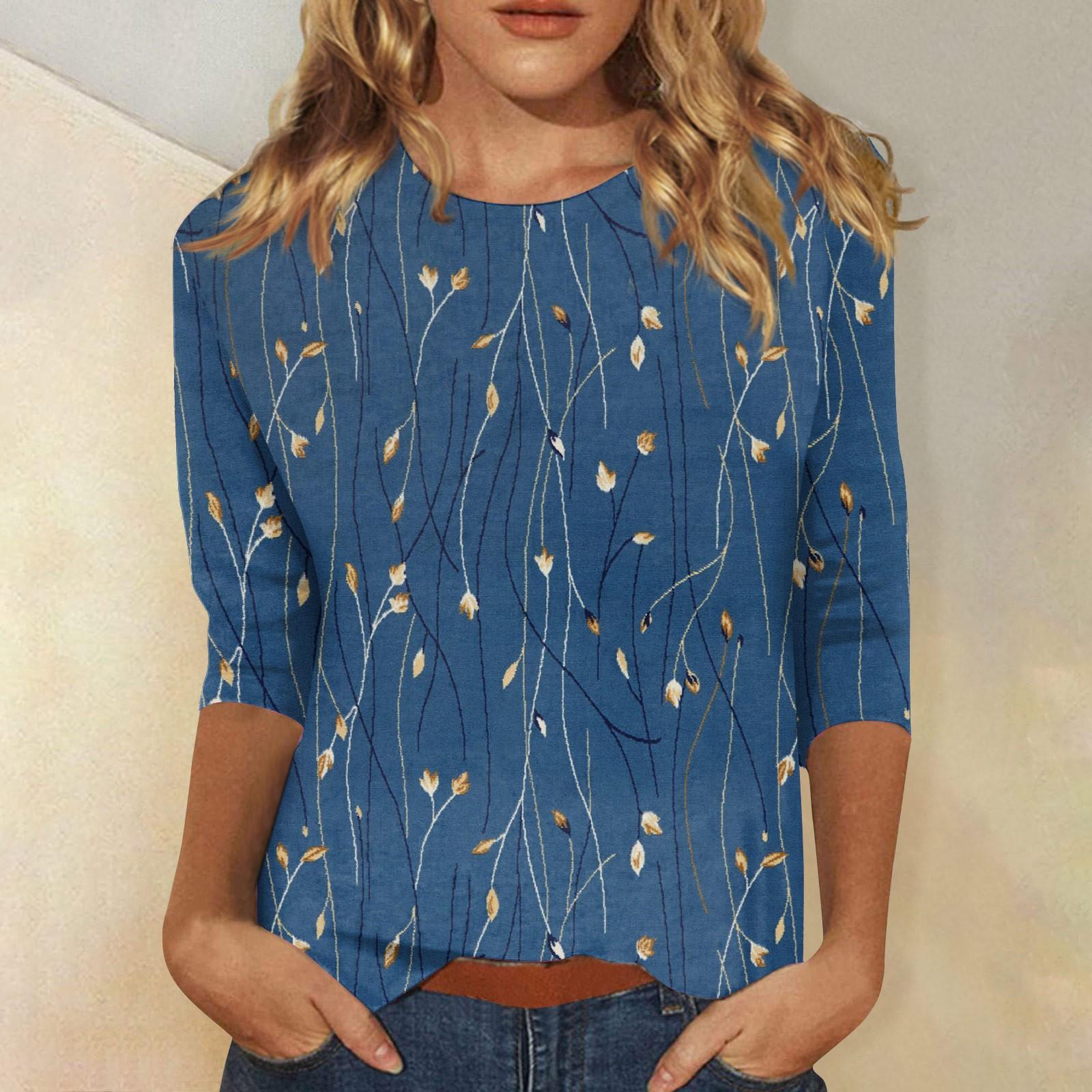 

Рубашки с рукавом 3/4 для женщин, милые футболки с графическим принтом, блузки, повседневные базовые топы больших размеров, пуловеры L синий