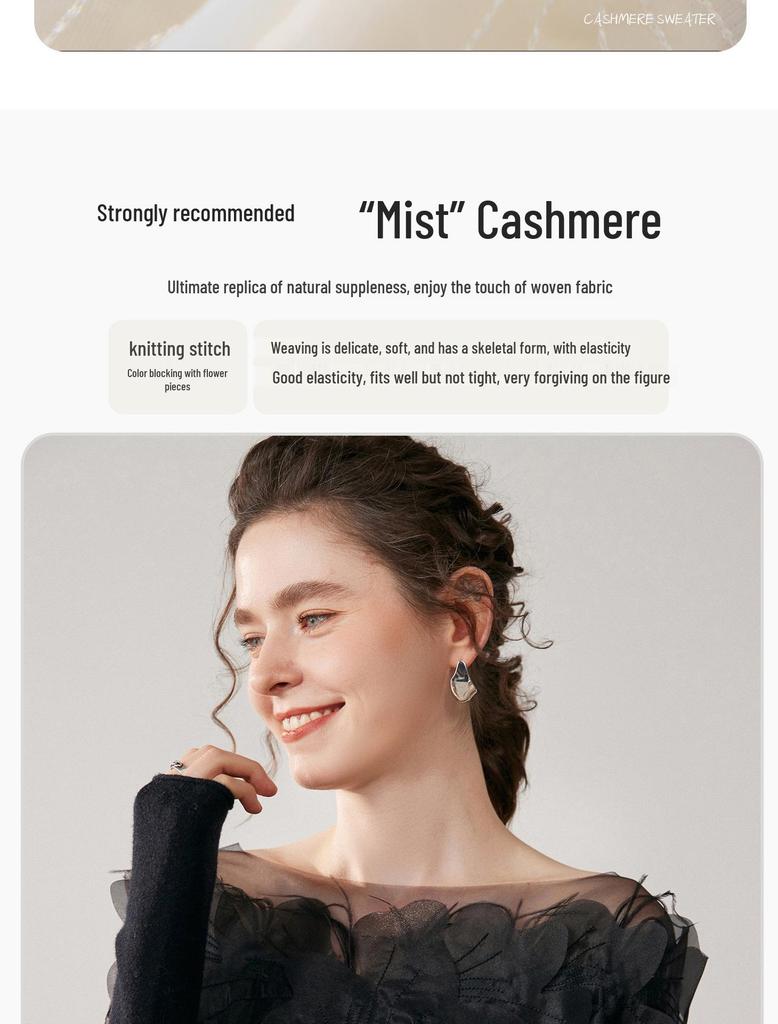 Swan Neck Cashmere Sweater with Hand-Embroidered Flowers: One-Shoulder, Sexy, and Three-Dimensional Feather Design