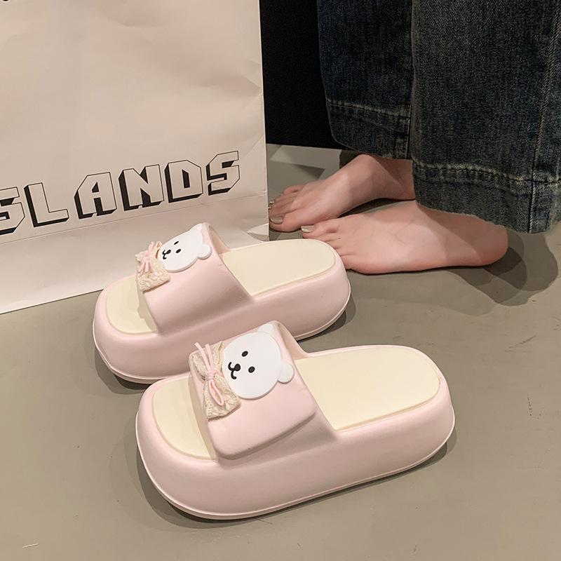Fashion Milk Cute Bear Thick-bottomed Cool Slippers Women's Summer Small Muffin One-word Drag Outside Wearing Cartoon V Slippers