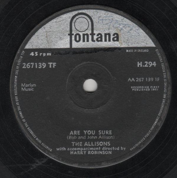 

7inch Record ALLISONS - Are You Sure 267139TF FONTANA 1961 UK Pop Used