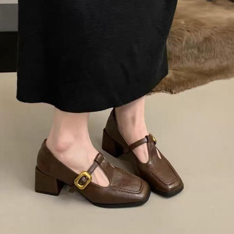 2026 New Strap Leather Shoes Women's French Square Toe Mary Jane Shoes Retro  Mid Heels Oxford Shoes Women's Pumps