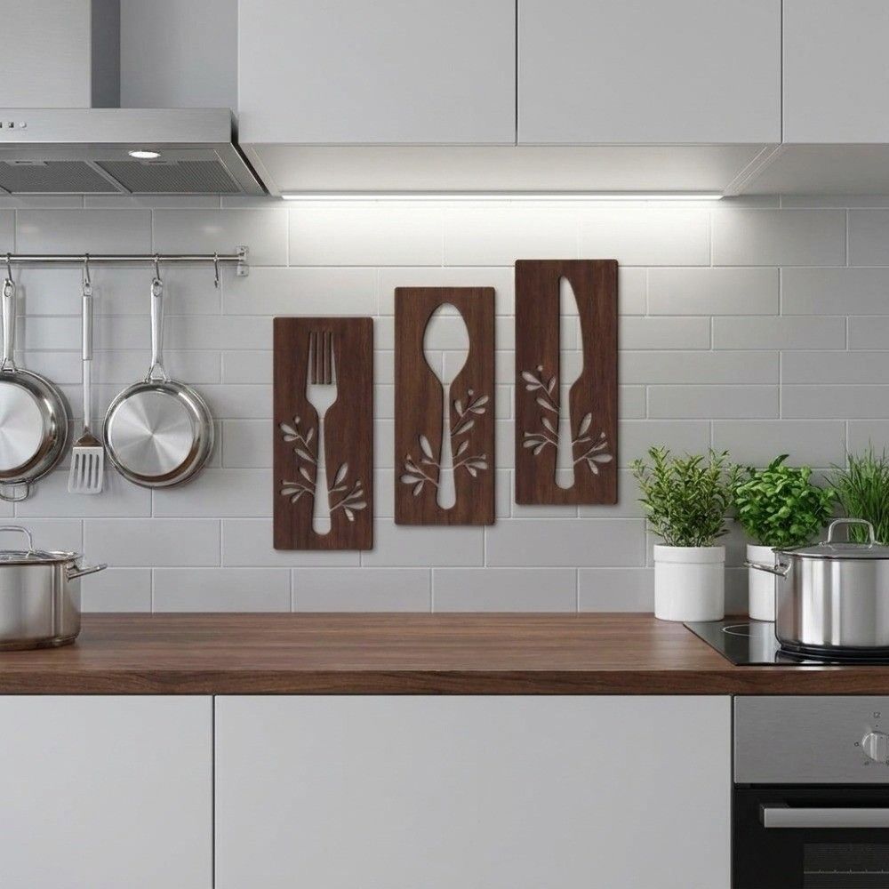 3pcs Hollow Out Kitchen Tools Wall Plaques Fork Wall Sticker Hangings Restaurant Decor