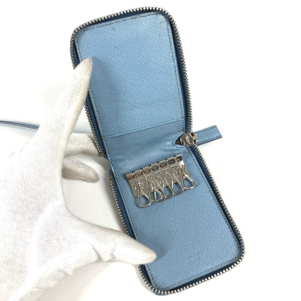 Prada With Strap Zip Around Logo 6 Keys Key Case Leather Blue