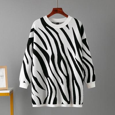 Autumn Winter Women  Zebra Pattern Round Neck Long Sleeve Loose Knit Pullover Sweater Tops