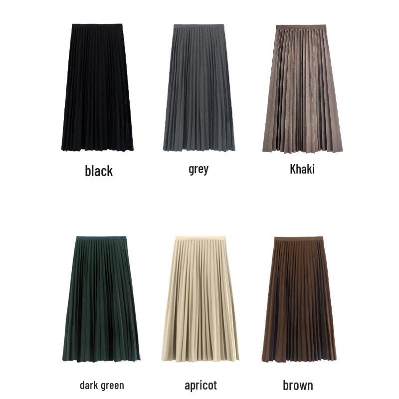 2023 New Wool Blend A-Line Midi Skirt: Pleated, Solid Color, Slimming, Great Drape for Autumn & Winter