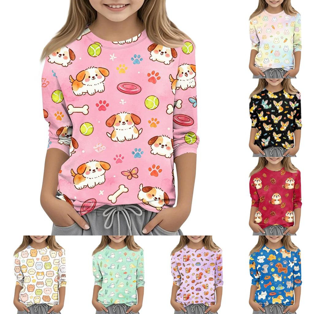 Kids Animal Print Crew Neck Three Quarter Sleeve Casual T Shirt Soft Comfortable Fabric Lightweight Breathable Design for Everyday Wear