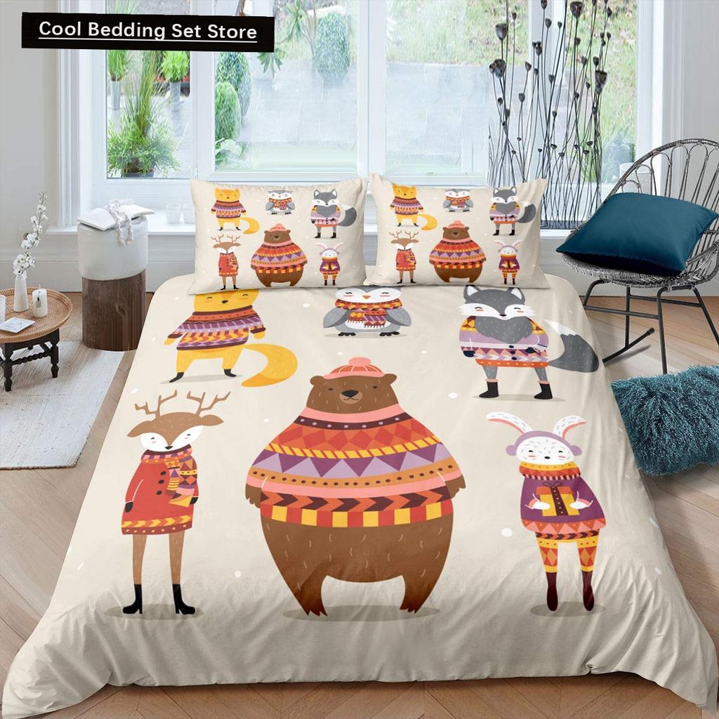 Kids Cartoon Animal Zebra Giraffe Fox Kangaroo King Queen Duvet Cover Boy Girl Rabbit Wildlife Bedding Set Polyester Quilt Cover