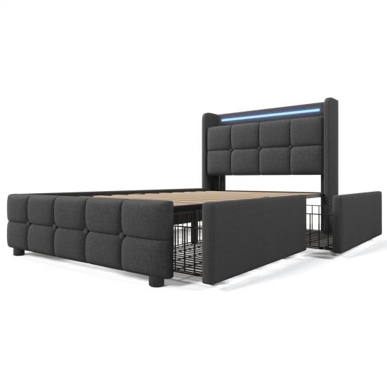 LED Light Bed Soft Cushion Headboard Upholstered with 2/4 Drawers USB Charging Metal Basket Strong Wood Slat Support Bedroom Furniture Teen
