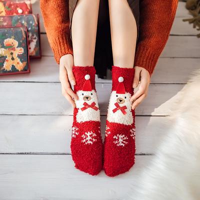 Women's New Autumn and Winter Thickened Coral Fleece Christmas Socks Ladies' Mid-calf Floor Socks Three-dimensional Cartoon Sleep Socks