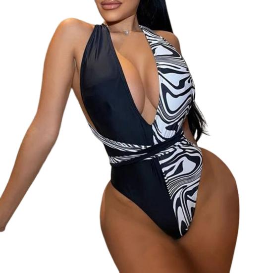Deep V-neck Long Bandage Padded Sexy Monokini Women Snakeskin Patchwork Print