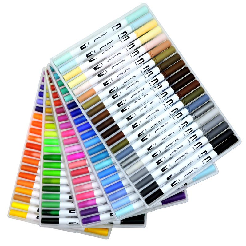 60/120 Colors Dual Tip Brush Art Marker Pens – Watercolor Fineliner & Brush for Manga Coloring Drawing Painting Stationery Supplies