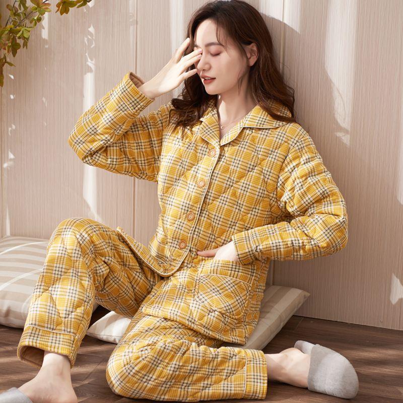 Pigiama Extra Spesso Donna Autunno Inverno 100% Cotone Loungewear Imbottito Tuta per la Casa di Mezza Età Scollo a V Fantasia Pigiami