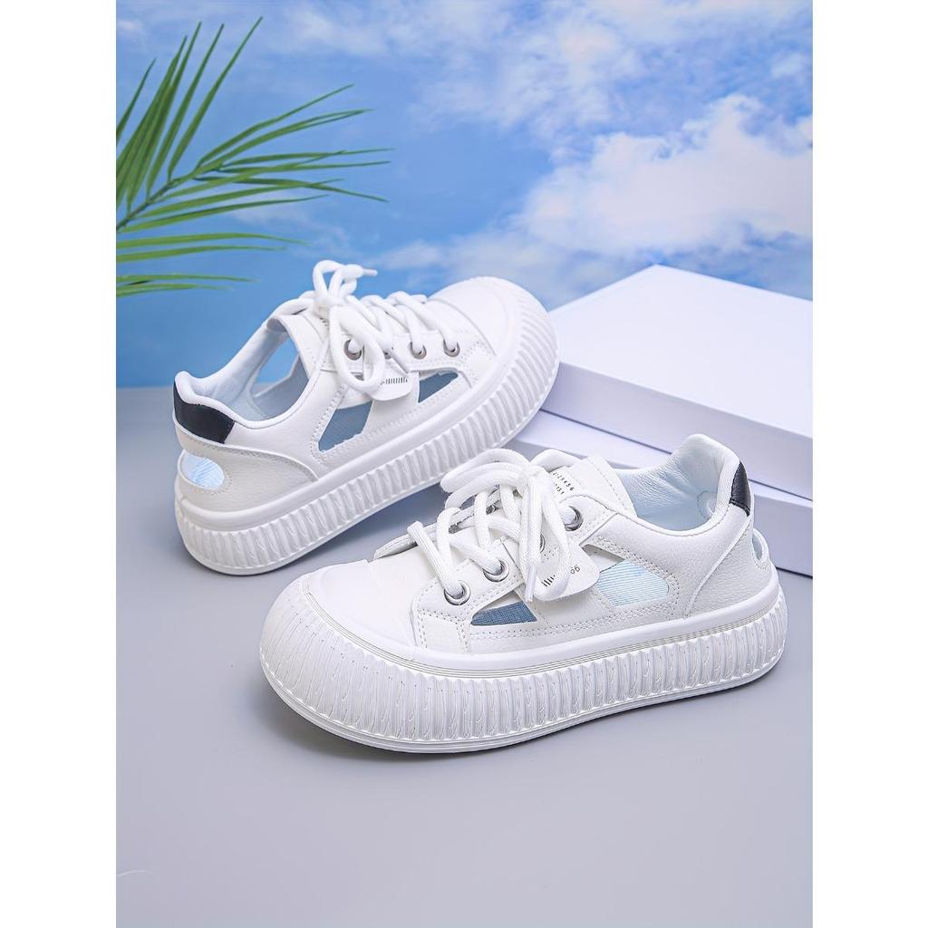 Women's Trendy White Lace-up Shoes with Thick Sole and Hollow Out Design