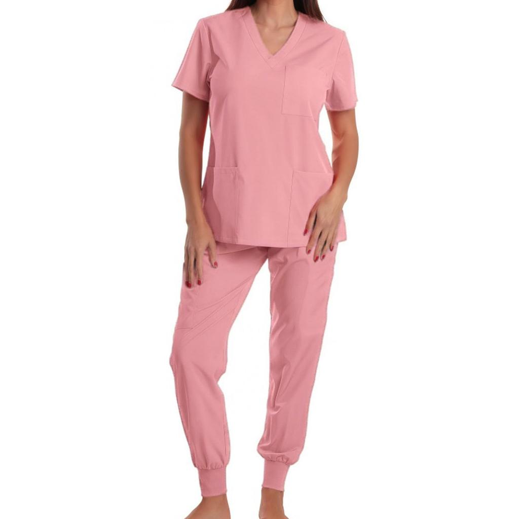 Women's Loose And Comfortable V-neck Short Sleeved Workwear With Multiple Pockets Suit Set