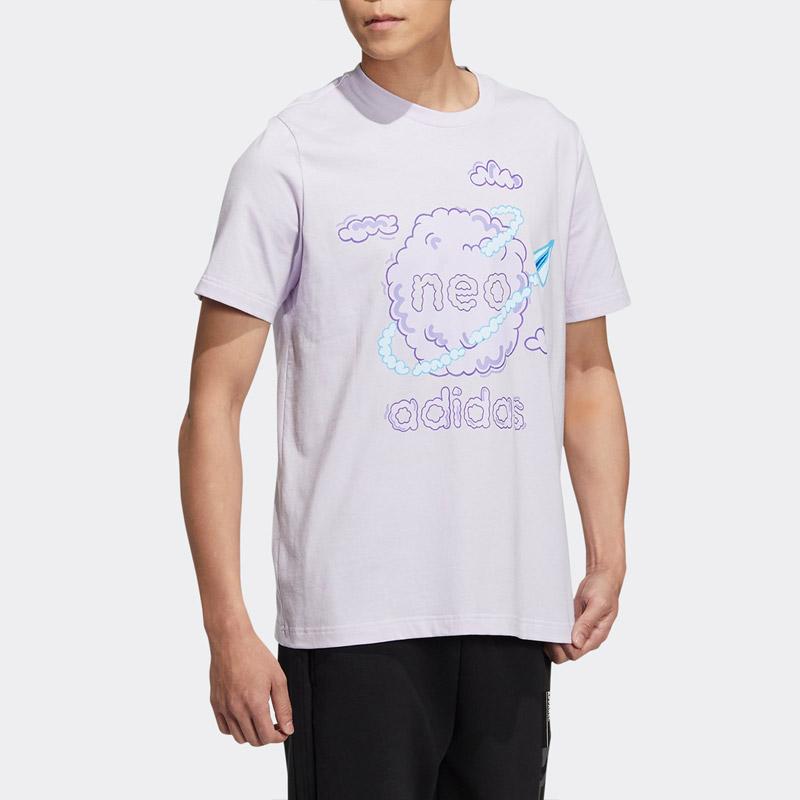 Adidas Neo Cartoon Letter Print Round Neck Short Sleeve T-Shirt Unisex T-Shirts Light-Purple HS8855