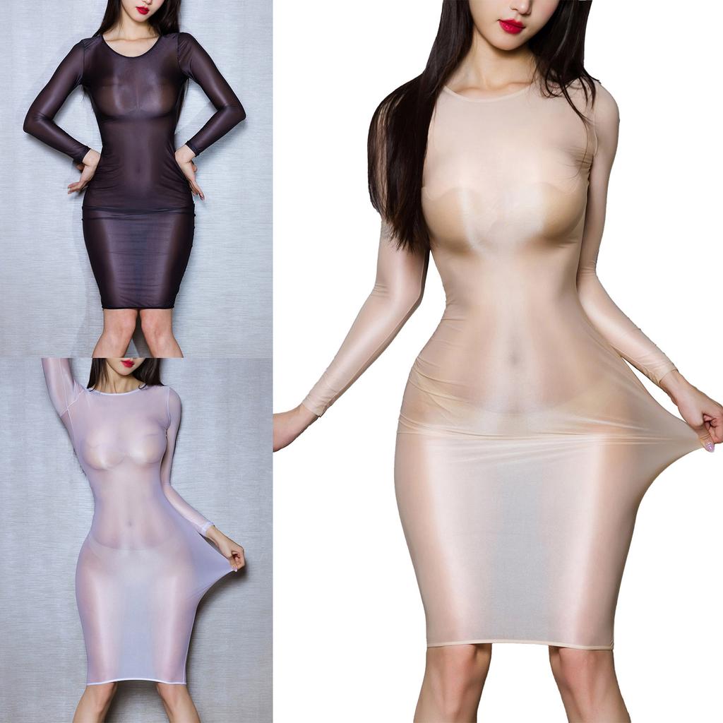 Womens Glossy See Through Dress Long Sleeve Stretchy Bodycon Dresses