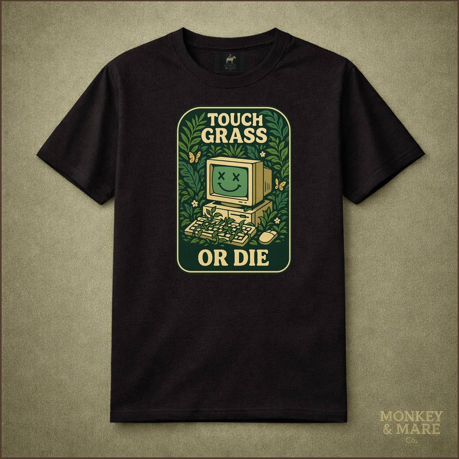 Retro Computer Nature Shirt, Touch Grass Or Die, Internet Burnout Humor Tee 4XL
