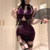 Erotic Underwear, Sexy Cheongsam, Pure Desire, Lace Seductive, Velvet Patchwork, Nightclub uniform, no-take Set 1131