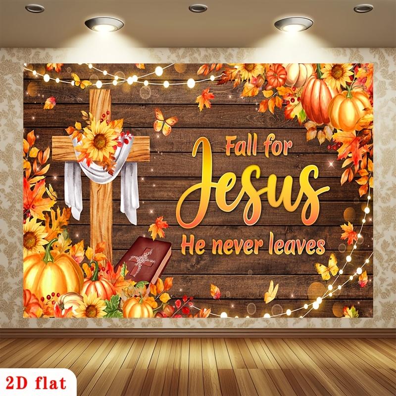 2D plane 1 piece of religious banner featuring Jesus - autumn background of crosses and pumpkin leaveszyc