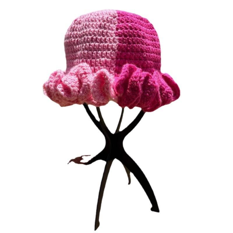 NEW Women Crochet Bucket Hats Y2k Fashion Pleated Ruffles Knitted Hat