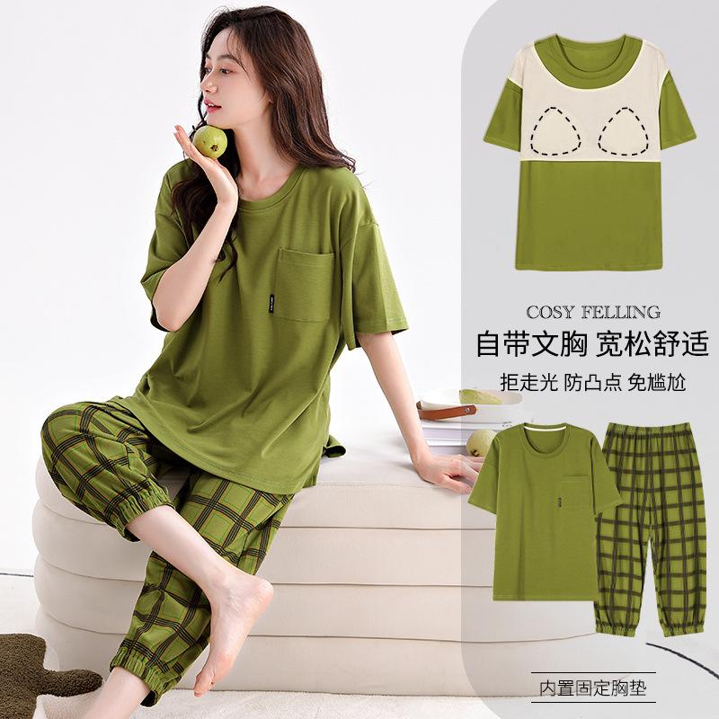 Women's summer pajamas with chest pads, pure cotton short-sleeved cropped pants pullover, new pure cotton women's loungewear set