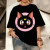 Sailor Moon Luna Katze Anime Print Baumwolle T-Shirt Damen Herren Lässig Kurzarm Sommer Oberteile Locker Streetwear Grafik T-Shirt Mode
