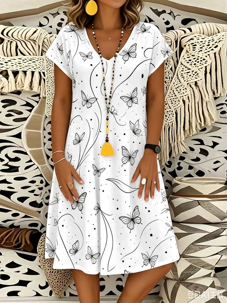 Streetwear Casual Women Dress Summer Short Sleeve V-Neck 3D Print Loose A-Line Dress Beach Sundress