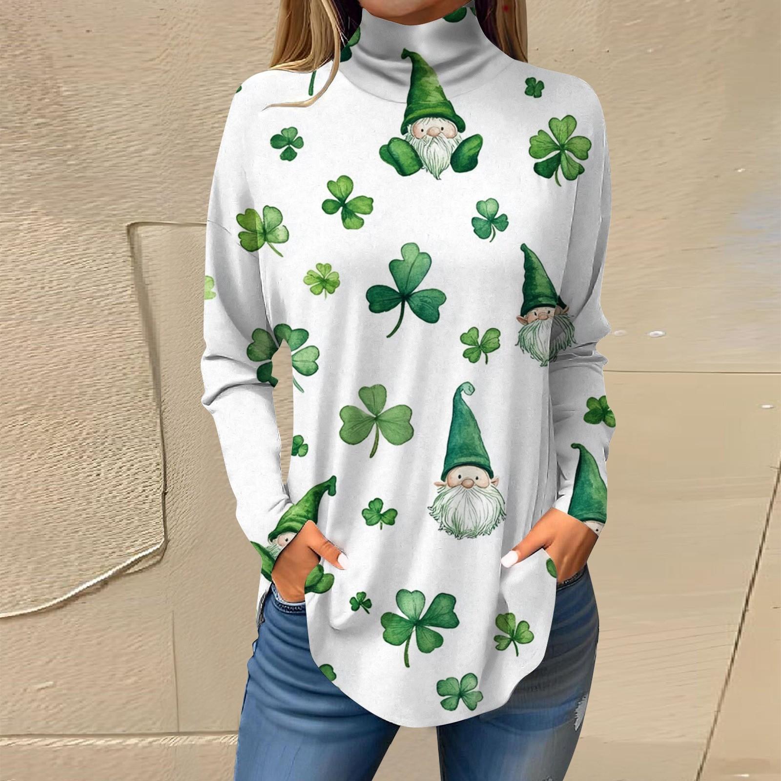 

Женский свободный с высоким воротом St. Футболка с длинными рукавами и принтом ко Дню Святого Патрика, топ и джемпер XL белый
