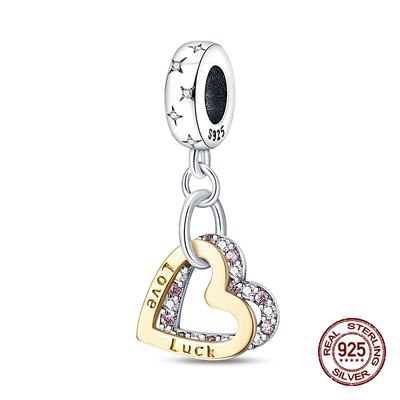 Silve Charms Beads Double Love Heart Pendants Charms Dangle For Bracelet Woman Luck Jewelry Gifts