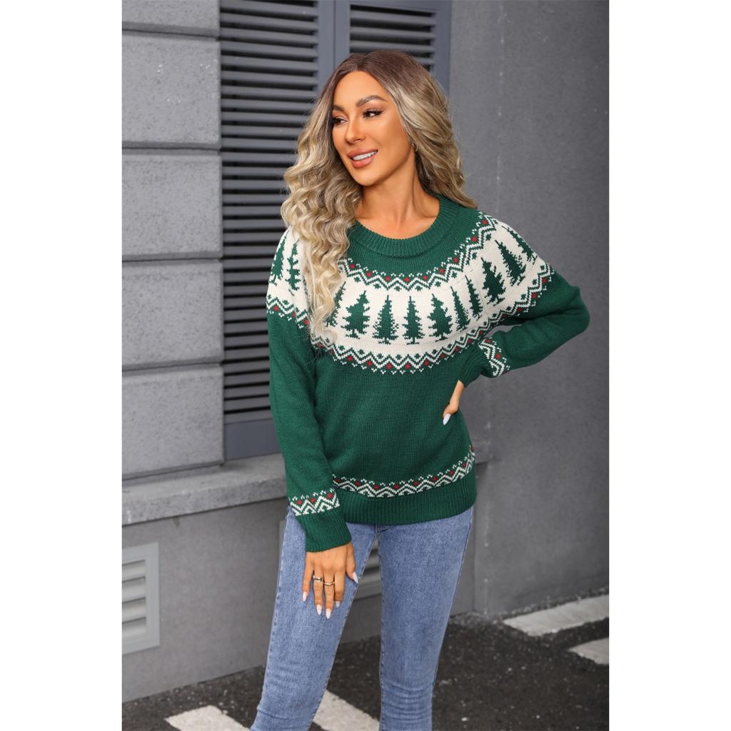 Winter New Christmas Sweater for Women, O-Neck Tree Pattern, Green Knitwear