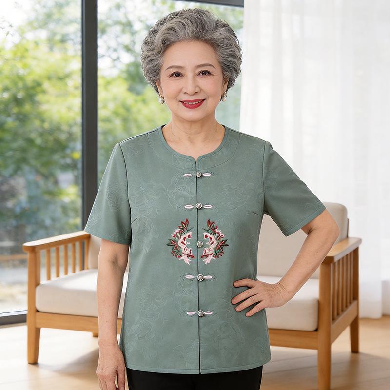 Stylish Summer Short-Sleeve Blouse for Middle-Aged & Elderly Women 5XL зелёный