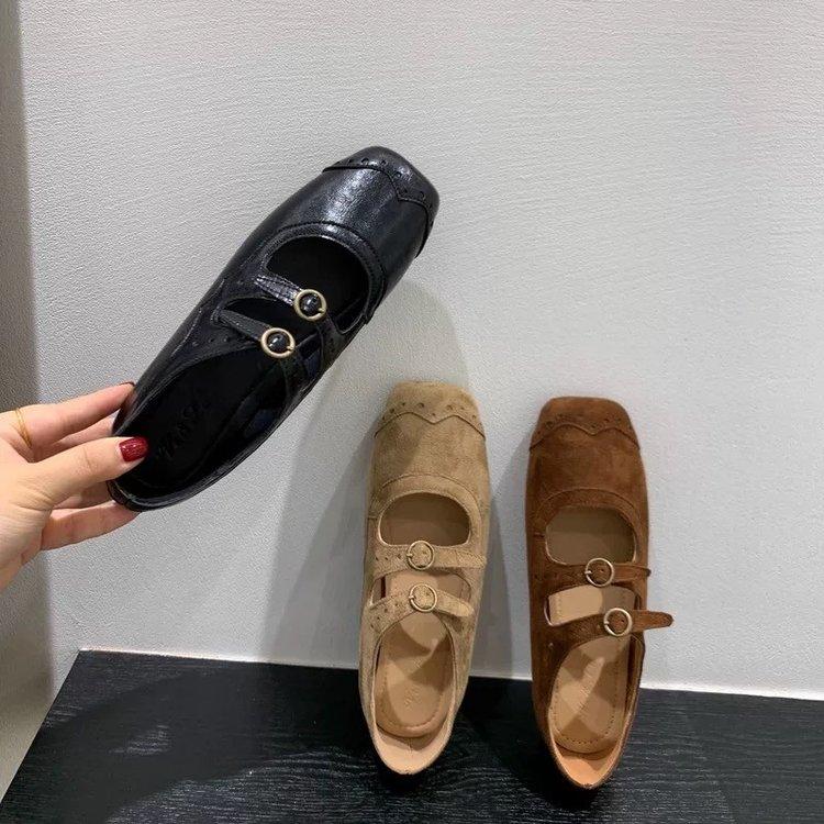 Fashion Spring Autumn Women's Luxury Party Shoes Medium Heel Retro Square Toe Suede Mary Jane Shoes Flat Square Buckle Single Loafers