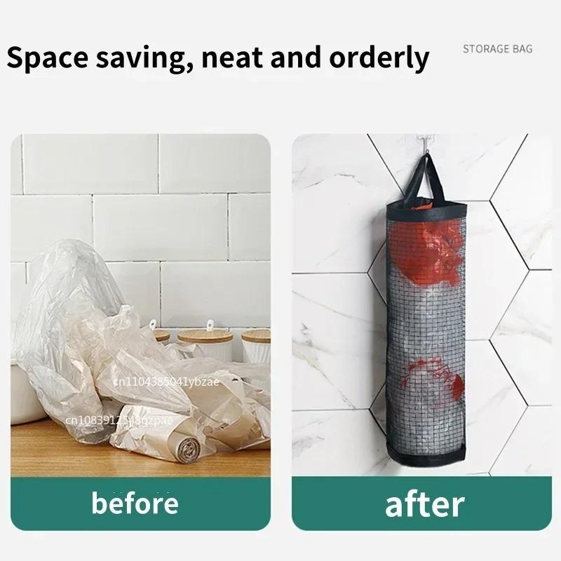 Wall-Mounted Trash Bag Organizer Box Kitchen Plastic Bag Collector No-Punching Shopping Storage Hanging Bags Polyester Fiber
