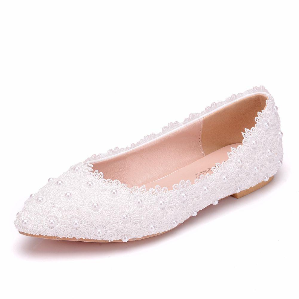 

Crystal Queen Women Ballet Flats White Pearl Lace Wedding Shoes Pointed Toe 43