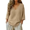 Donna Nuova Primavera Estate Cotone Slub Manica 3/4 Scollo a V Top, Blusa Casual Moda Larga