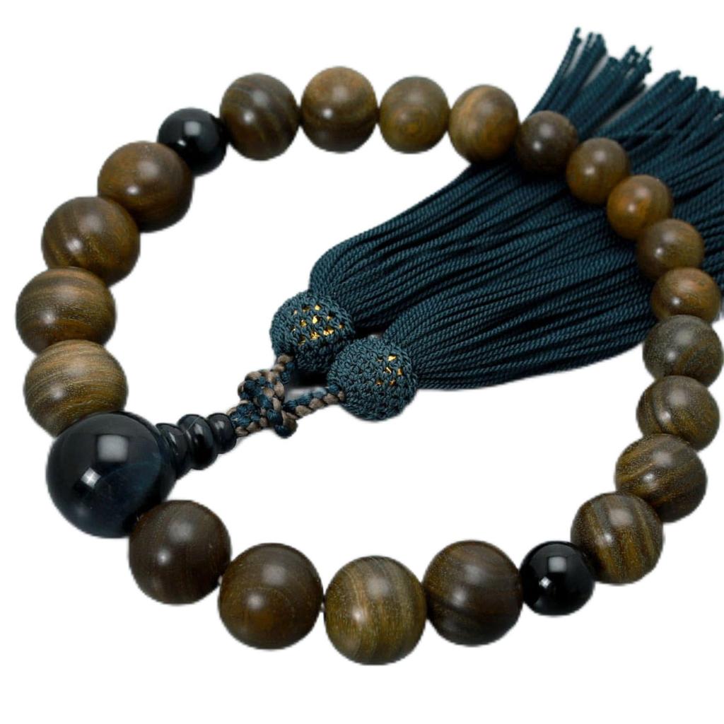 Men's Buddhist Prayer Beads, Kyoto Style, 21 Beads, Green Sandalwood, Blue Tiger's Eye Stone, Silk Tassel, Suitable for All Sects, Informal Funerals,