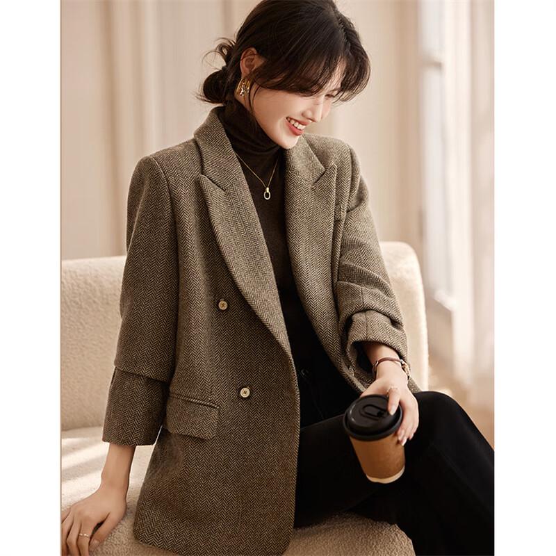 Women's Sheep Wool Blend Padded Herringbone Blazer