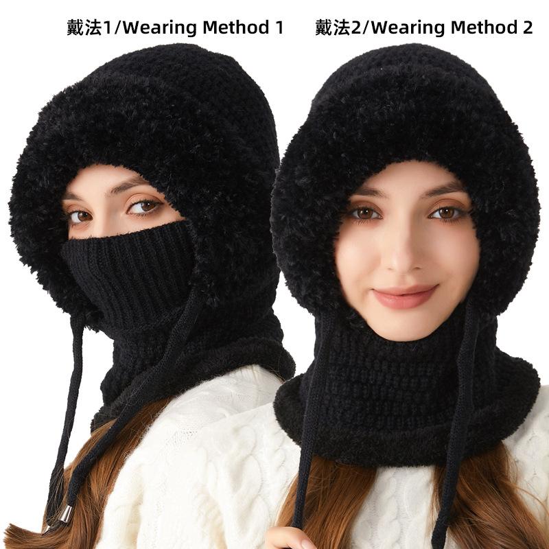 Women Fleece Lined Knit Hat Set Winter Warm Knitted Hat 3 in 1 Hooded One Piece Snow Cap W/Scarf & Mask for Cold Weather Protect