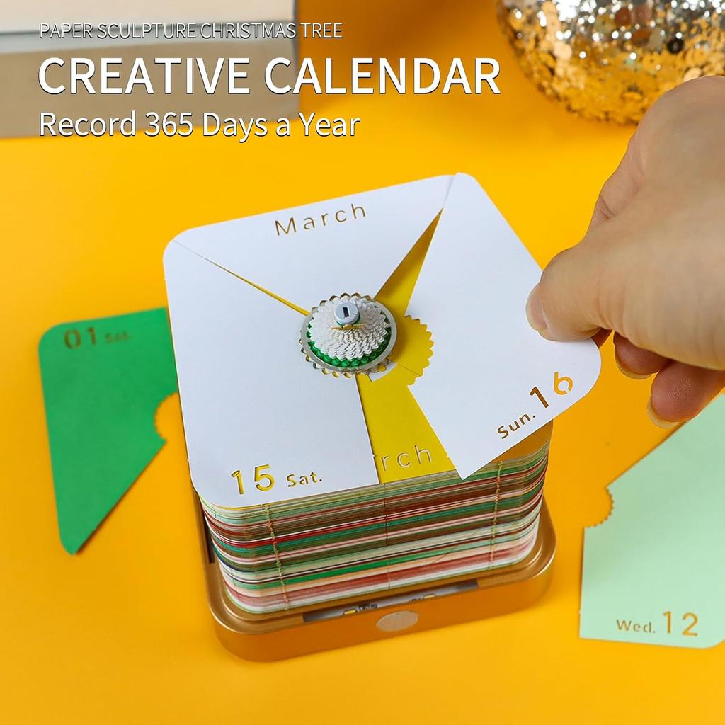 Time Piece Calendar, 3D Art Calendar Memo Pad 2025 Creative Desk Calendar with Light,Christmas Tree Rip Away Paper Carving Memo Pad Art Notepad