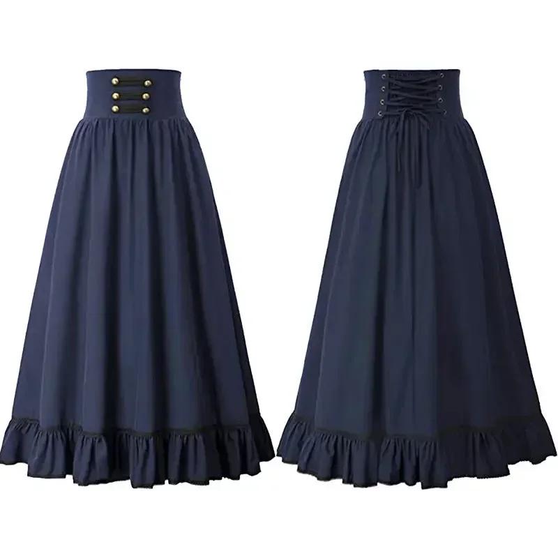 Vintage Renaissance Pleated Maxi Corset Button Skirt Women A Line Costume Victoria High Waist Gown Big Swing Floor Ruffle Skirt