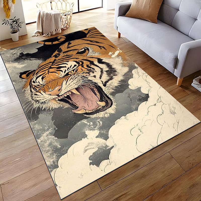 Fierce Tiger Printed Carpet with Clouds, Modern Animal Design Rug Suitable for Use As an Anti-slip for Living Room Bedroom Sofas