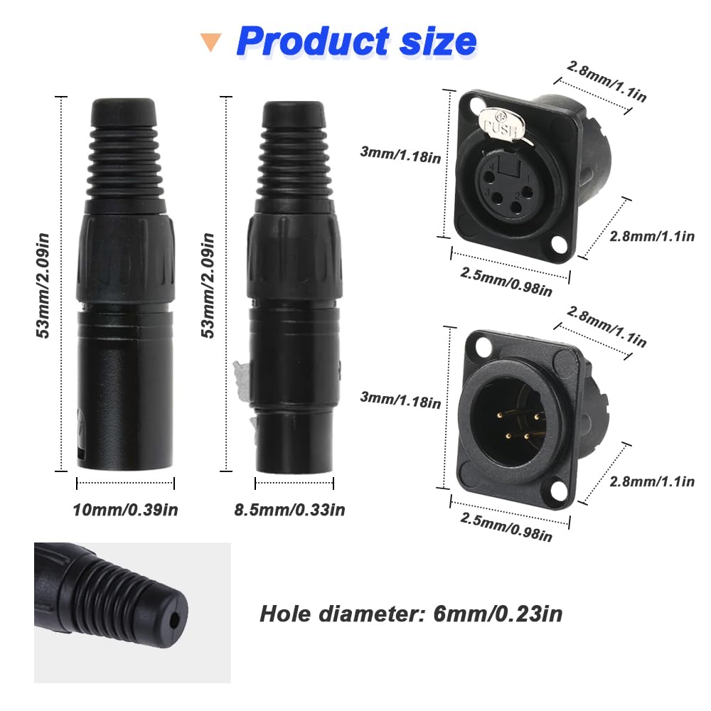 Xiatiaosann 4-Pin XLR Male & Female Microphone Snake Plug Audio Micro Connector for Mixers and Speakers, with 2 Pairs of 4-Pin XLR Male & Female Jack