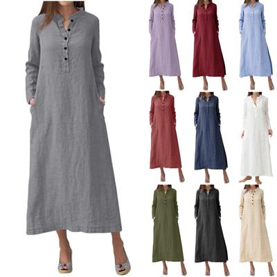 Women's Long Sleeved Solid Color Casual Maxi Long Shirt Dresses With Pockets