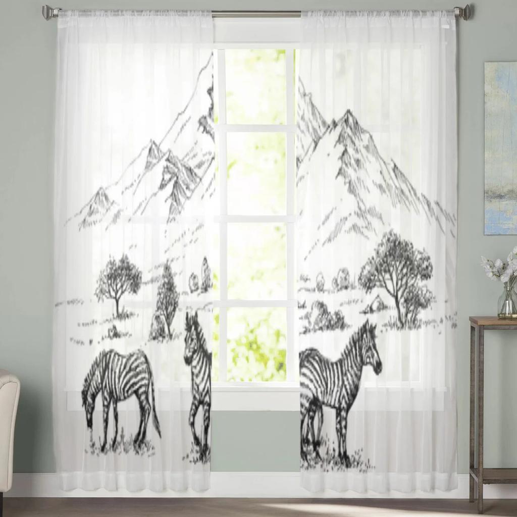 Zebras Sketch Sheer Window Curtains For Living Room Bedroom Modern Voile Tulle Curtains Fabric Drapes For Kitchen
