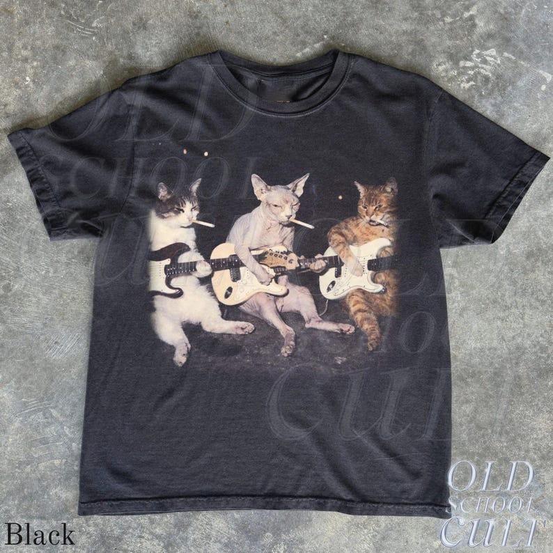 Rock Band Cats Vintage Graphic T Shirt Retro Funny Guitar Cat Graphic Tee Unisex T-Shirt S